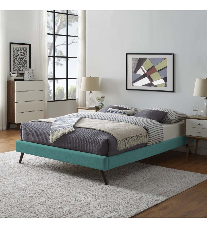 Loryn Queen Fabric Bed Frame with Round Splayed Legs in Teal - Lexmod