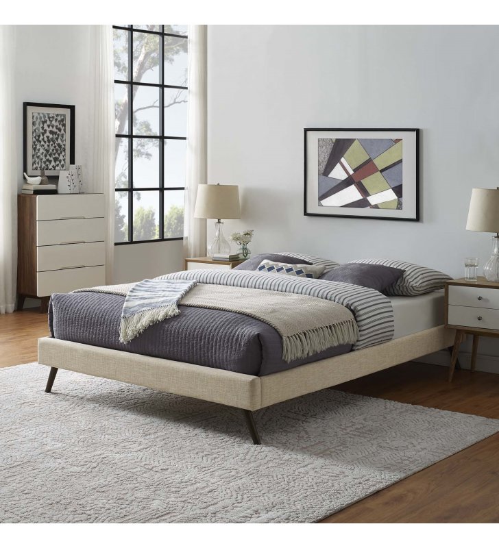 Loryn King Fabric Bed Frame with Round Splayed Legs in Beige - Lexmod