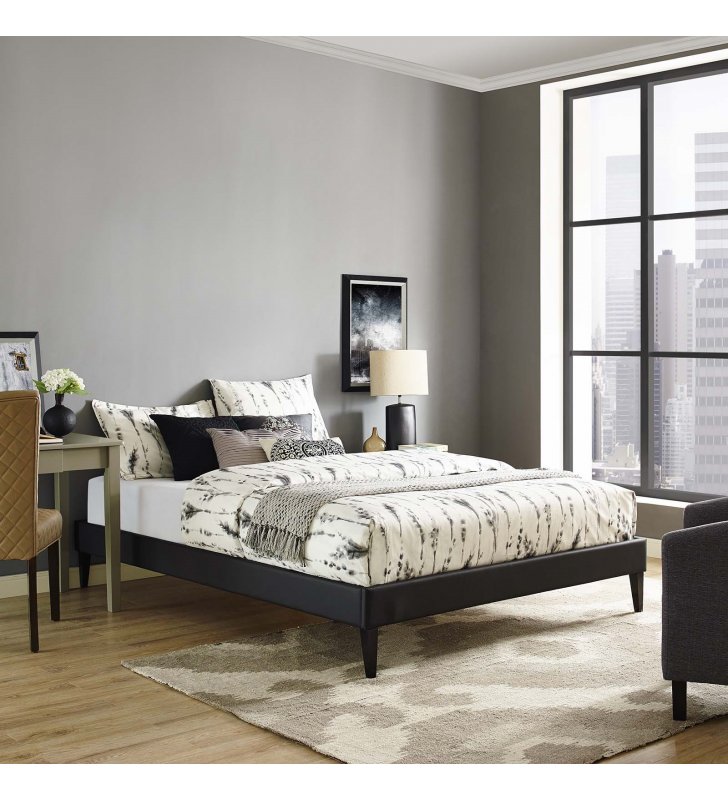 Tessie Full Vinyl Bed Frame with Squared Tapered Legs in Black - Lexmod