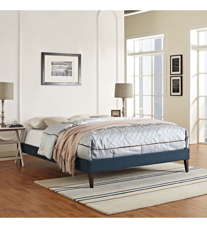 Tessie King Fabric Bed Frame with Squared Tapered Legs in Azure - Lexmod