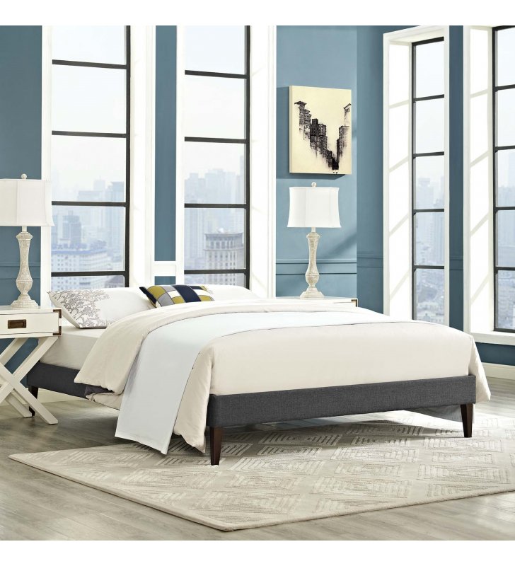 Tessie King Fabric Bed Frame with Squared Tapered Legs in Gray - Lexmod