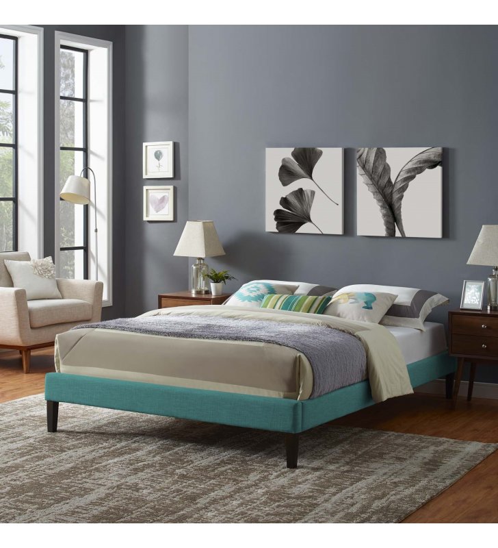 Tessie King Fabric Bed Frame with Squared Tapered Legs in Teal - Lexmod
