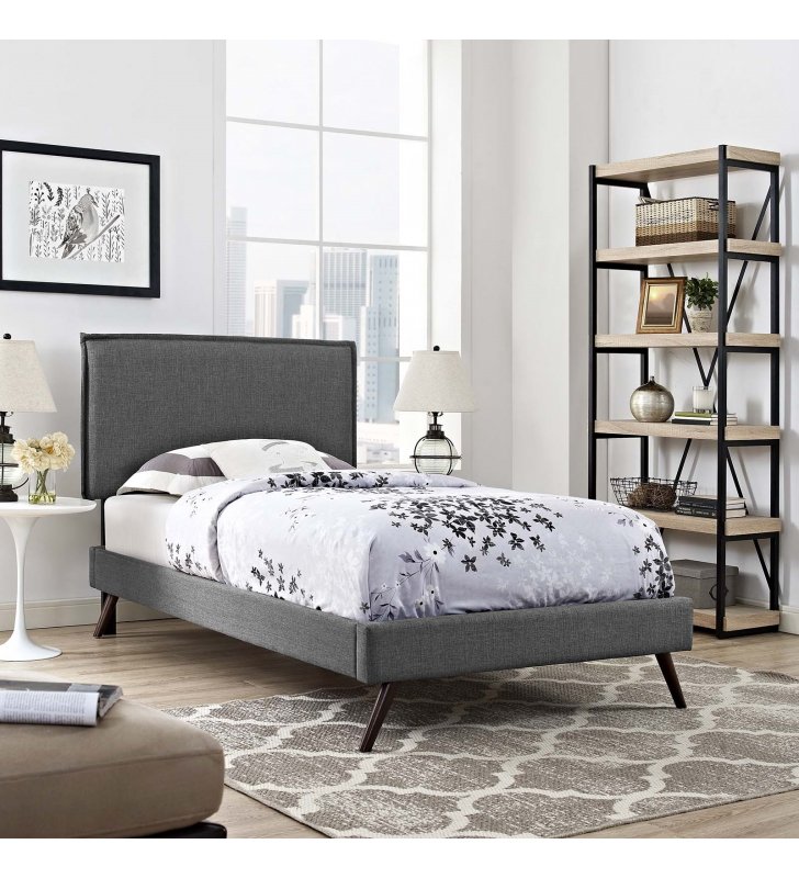 Amaris Twin Fabric Platform Bed with Round Splayed Legs in Gray - Lexmod