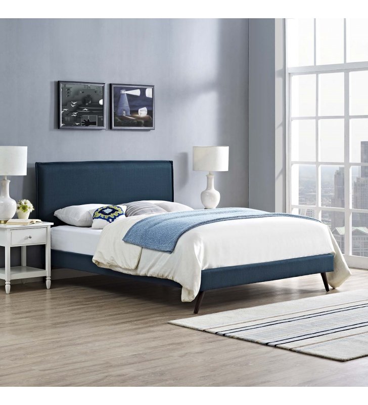 Amaris Queen Fabric Platform Bed with Round Splayed Legs in Azure - Lexmod