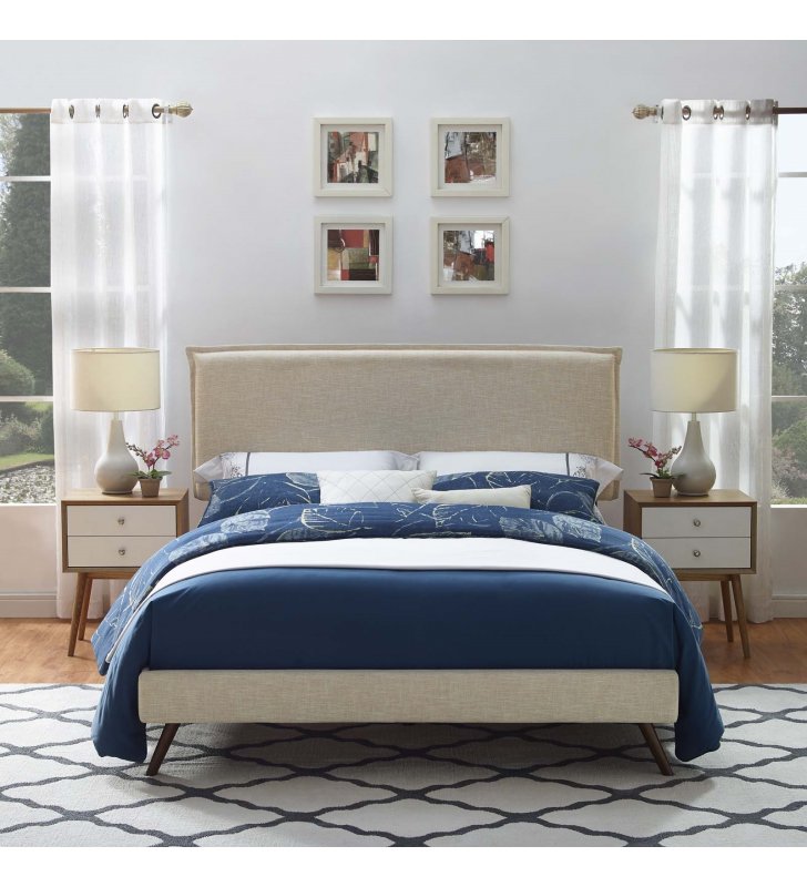 Amaris King Fabric Platform Bed with Round Splayed Legs in Beige - Lexmod