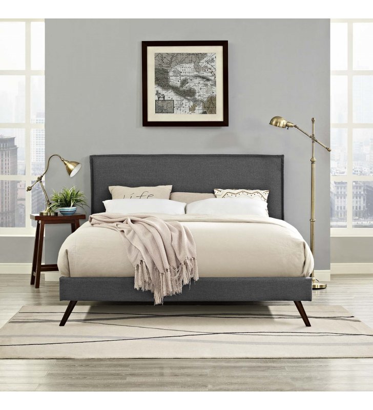 Amaris King Fabric Platform Bed with Round Splayed Legs in Gray - Lexmod
