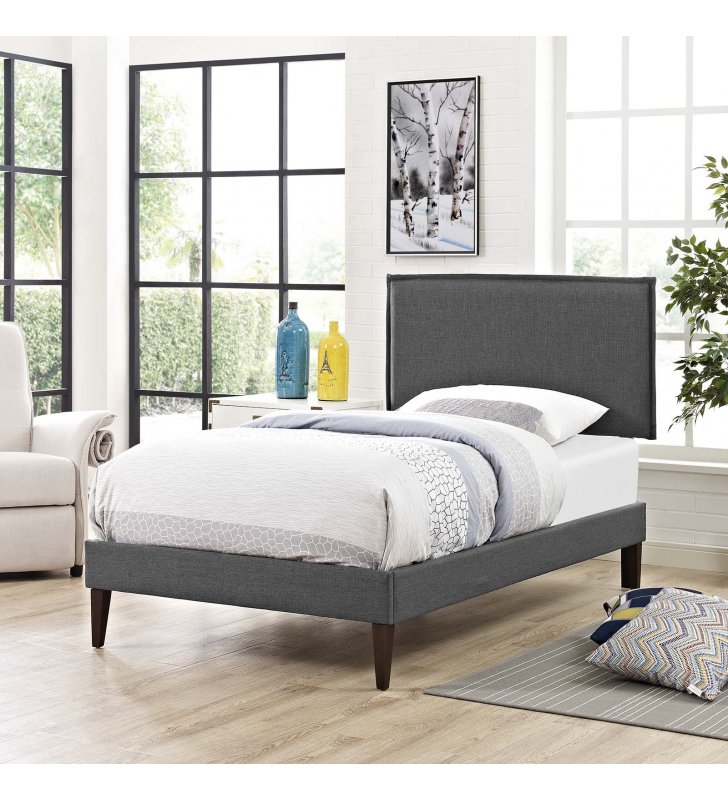 Amaris Twin Fabric Platform Bed with Squared Tapered Legs in Gray - Lexmod
