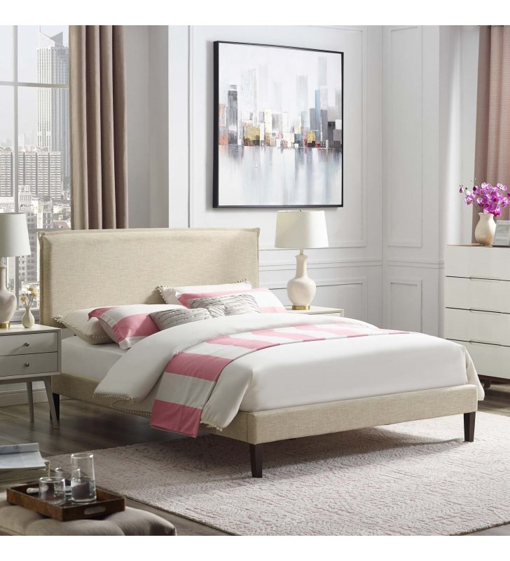 Amaris Queen Fabric Platform Bed with Squared Tapered Legs in Beige - Lexmod