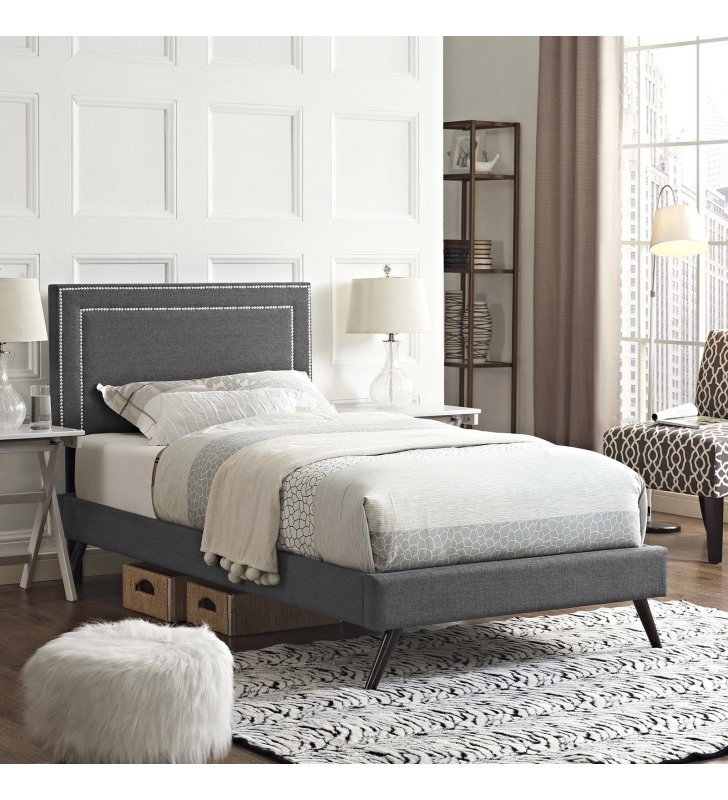 Virginia Twin Fabric Platform Bed with Round Splayed Legs in Gray - Lexmod