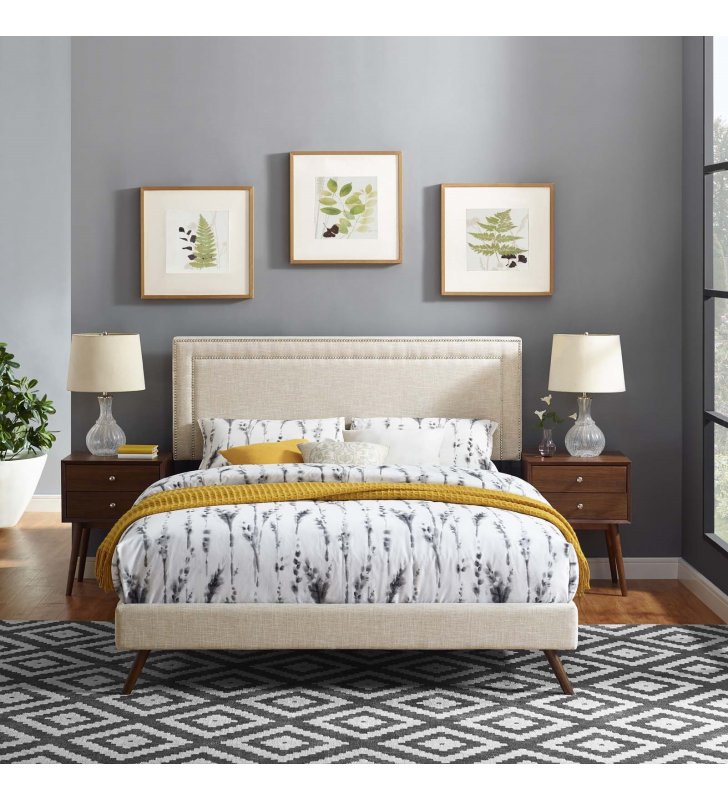 Virginia Full Fabric Platform Bed with Round Splayed Legs in Beige - Lexmod