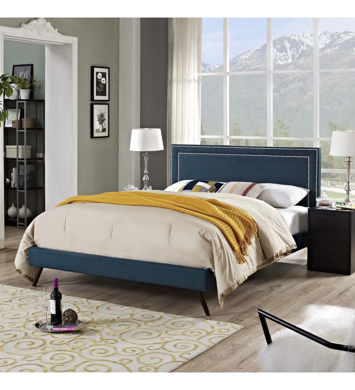 Virginia King Fabric Platform Bed with Round Splayed Legs in Azure - Lexmod