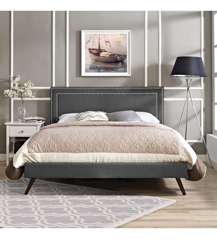 Virginia King Fabric Platform Bed with Round Splayed Legs in Gray - Lexmod