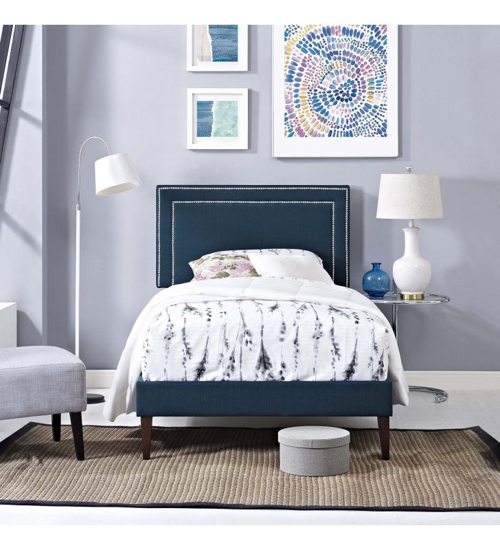 Virginia Twin Fabric Platform Bed with Squared Tapered Legs in Azure - Lexmod