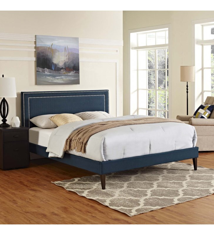Virginia Queen Fabric Platform Bed with Squared Tapered Legs in Azure - Lexmod