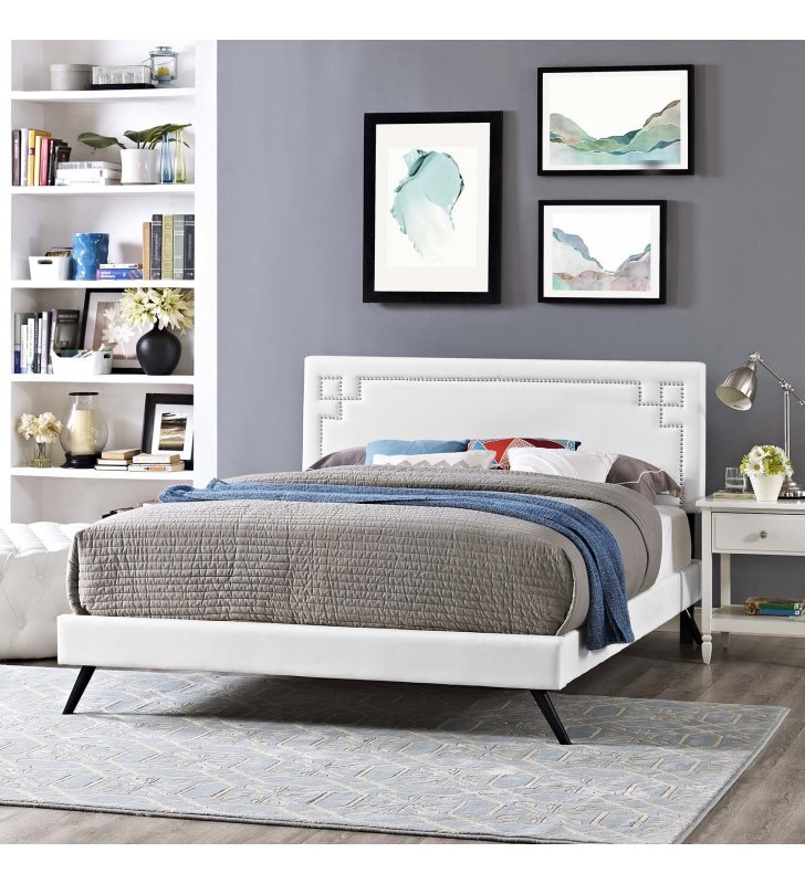 Ruthie Full Vinyl Platform Bed with Round Splayed Legs in White - Lexmod