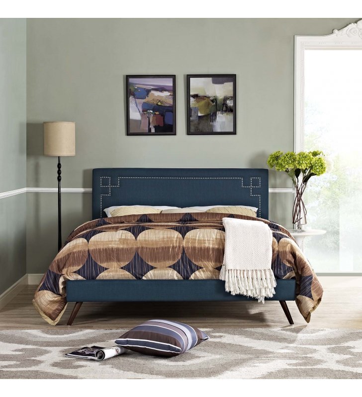 Ruthie King Fabric Platform Bed with Round Splayed Legs in Azure - Lexmod