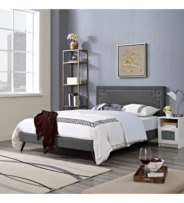 Ruthie King Fabric Platform Bed with Round Splayed Legs in Gray - Lexmod