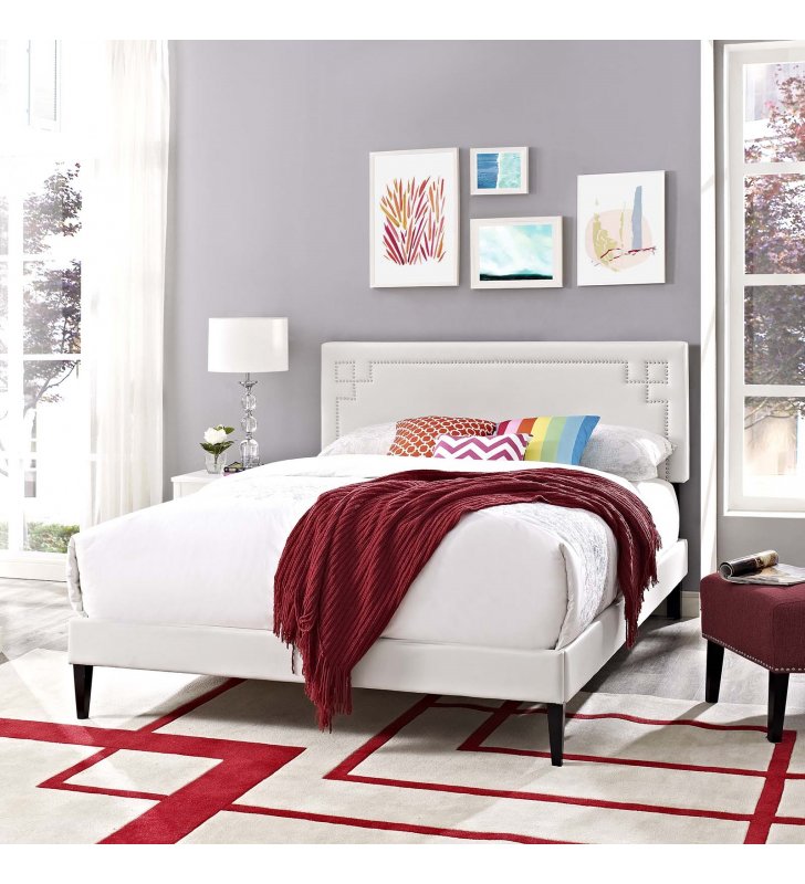 Ruthie Queen Vinyl Platform Bed with Squared Tapered Legs in White - Lexmod