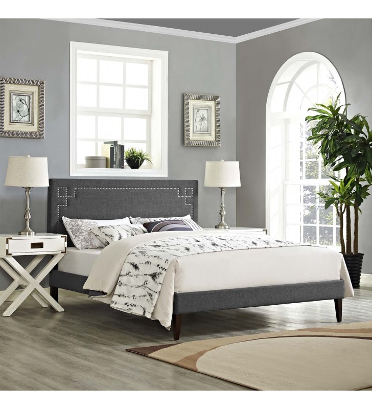 Ruthie Queen Fabric Platform Bed with Squared Tapered Legs in Gray - Lexmod
