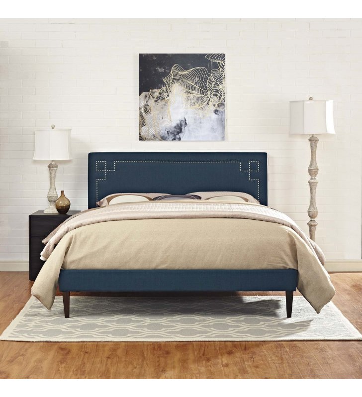 Ruthie King Fabric Platform Bed with Squared Tapered Legs in Azure - Lexmod