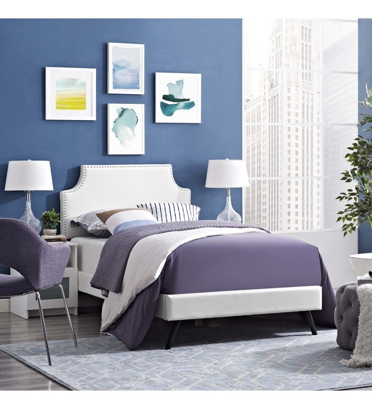 Corene Twin Vinyl Platform Bed with Round Splayed Legs in White - Lexmod