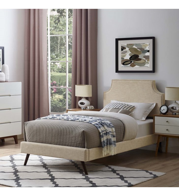 Corene Twin Fabric Platform Bed with Round Splayed Legs in Beige - Lexmod