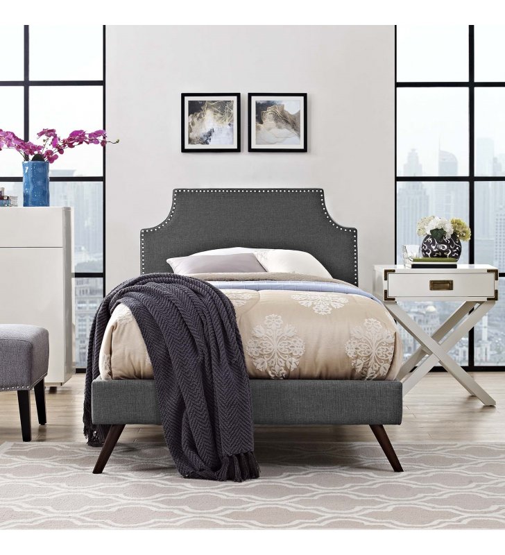 Corene Twin Fabric Platform Bed with Round Splayed Legs in Gray - Lexmod