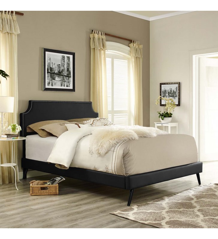 Corene Queen Vinyl Platform Bed with Round Splayed Legs in Black - Lexmod