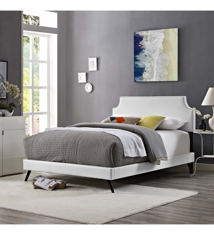 Corene Queen Vinyl Platform Bed with Round Splayed Legs in White - Lexmod