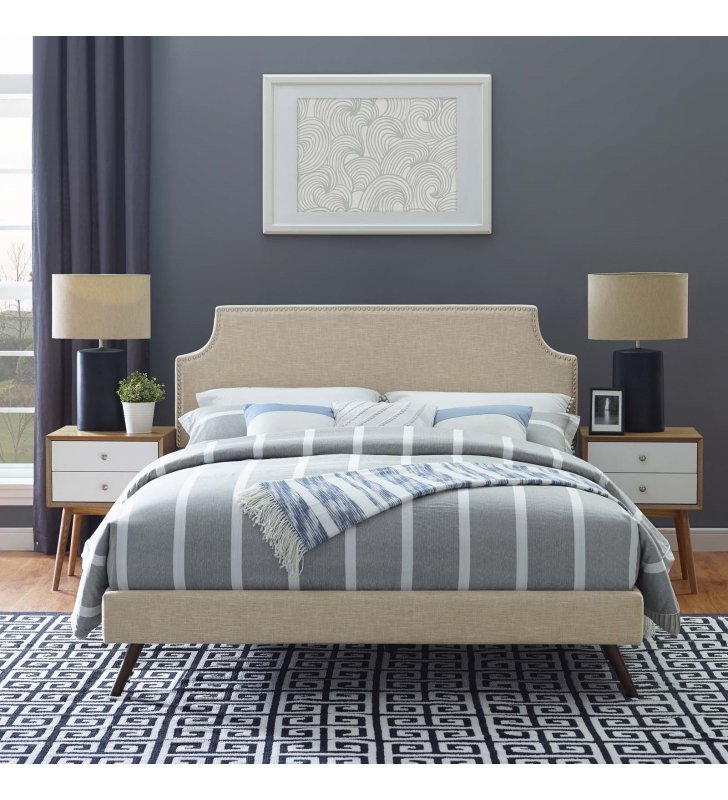 Corene Queen Fabric Platform Bed with Round Splayed Legs in Beige - Lexmod