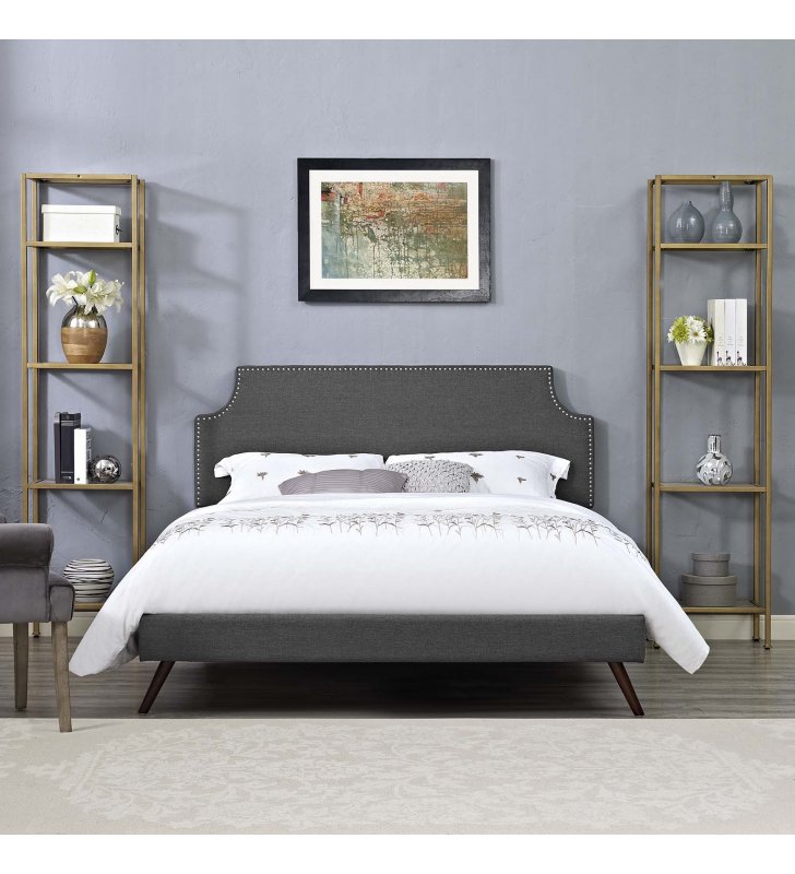 Corene Queen Fabric Platform Bed with Round Splayed Legs in Gray - Lexmod