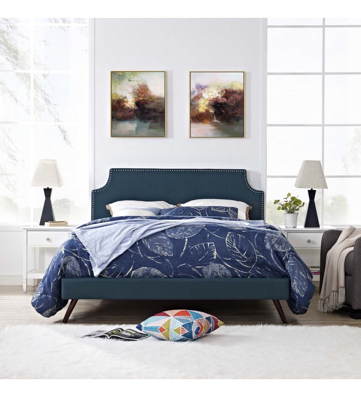 Corene King Fabric Platform Bed with Round Splayed Legs in Azure - Lexmod