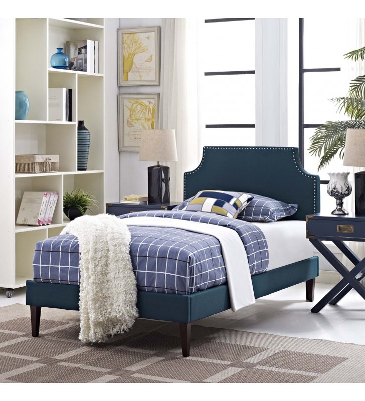 Corene Twin Fabric Platform Bed with Squared Tapered Legs in Azure - Lexmod