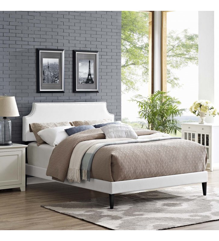 Corene Queen Vinyl Platform Bed with Squared Tapered Legs in White - Lexmod