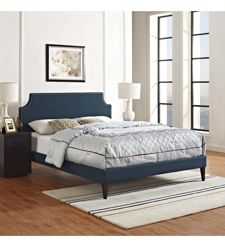 Corene Queen Fabric Platform Bed with Squared Tapered Legs in Azure - Lexmod