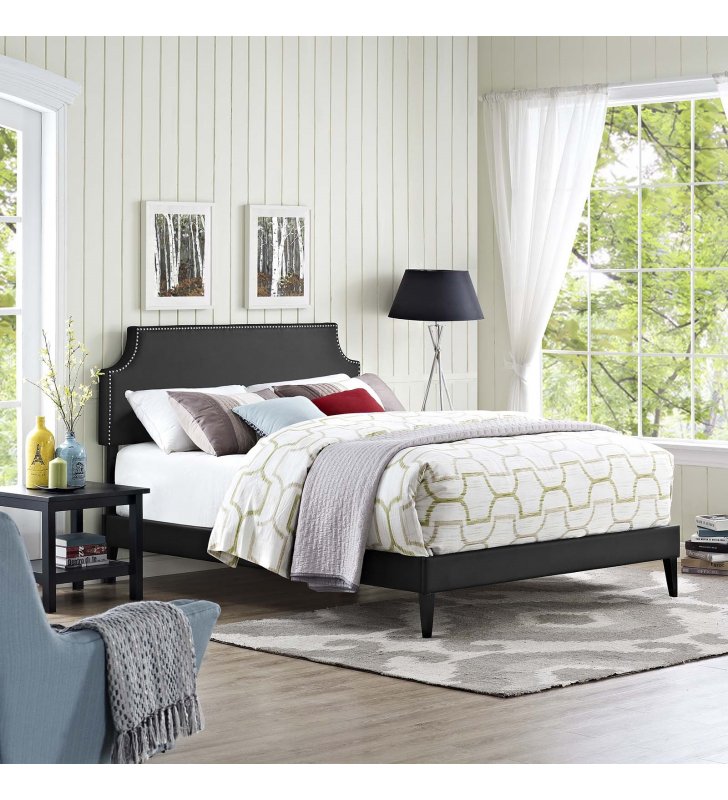 Corene King Vinyl Platform Bed with Squared Tapered Legs in Black - Lexmod