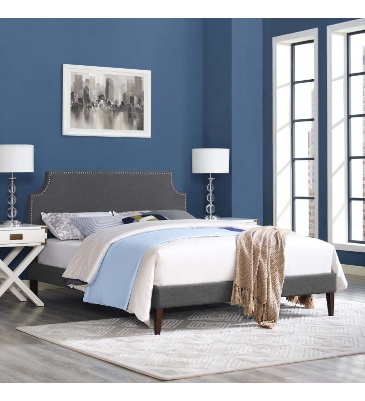 Corene King Fabric Platform Bed with Squared Tapered Legs in Gray - Lexmod