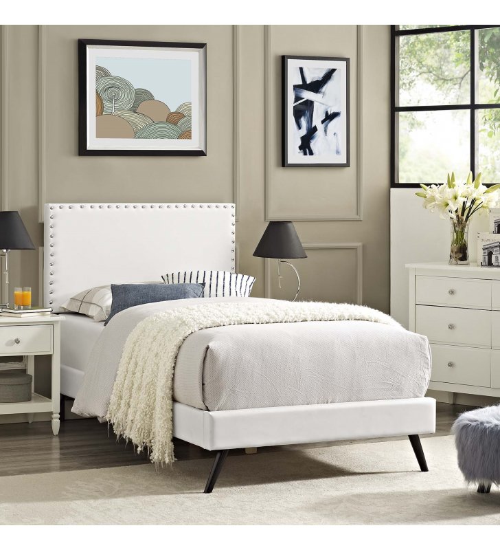 Macie Twin Vinyl Platform Bed with Round Splayed Legs in White - Lexmod