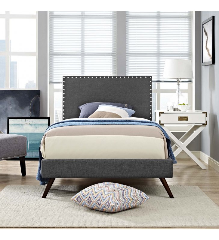 Macie Twin Fabric Platform Bed with Round Splayed Legs in Gray - Lexmod