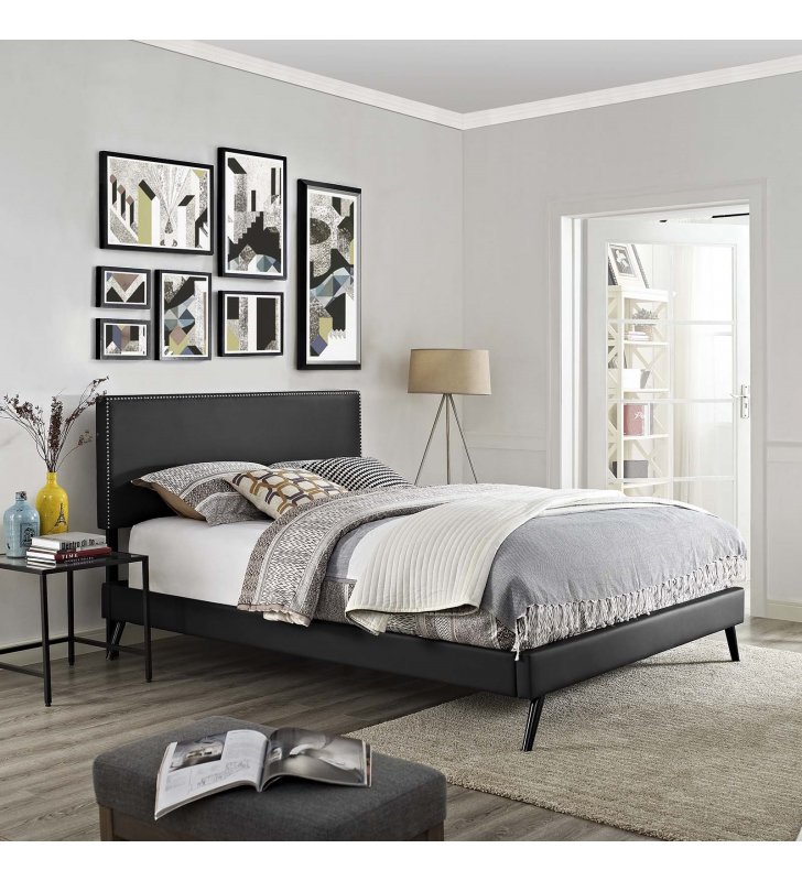 Macie Full Vinyl Platform Bed with Round Splayed Legs in Black - Lexmod