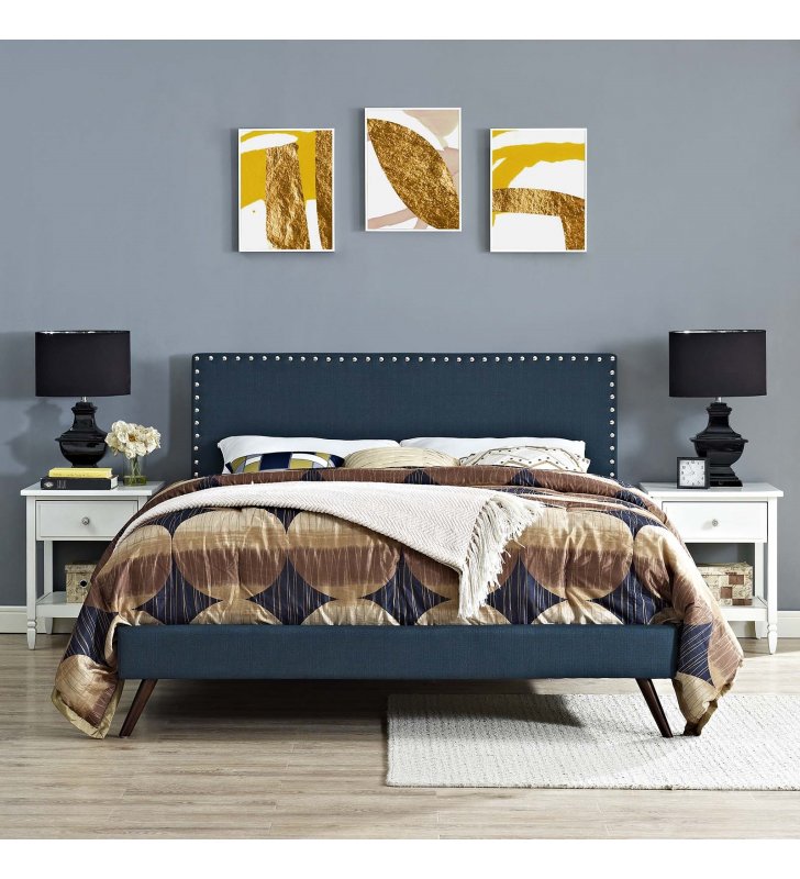 Macie Full Fabric Platform Bed with Round Splayed Legs in Azure - Lexmod