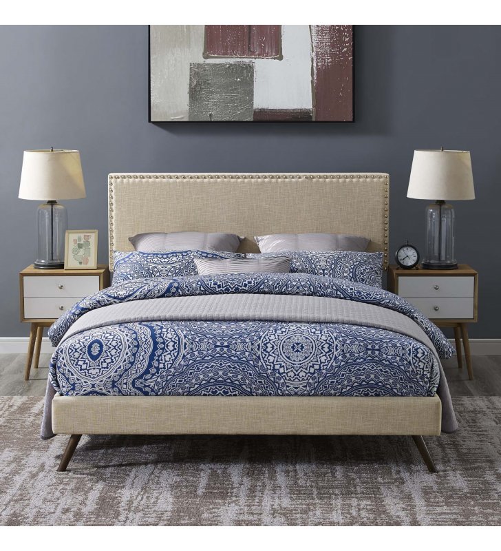 Macie Full Fabric Platform Bed with Round Splayed Legs in Beige - Lexmod