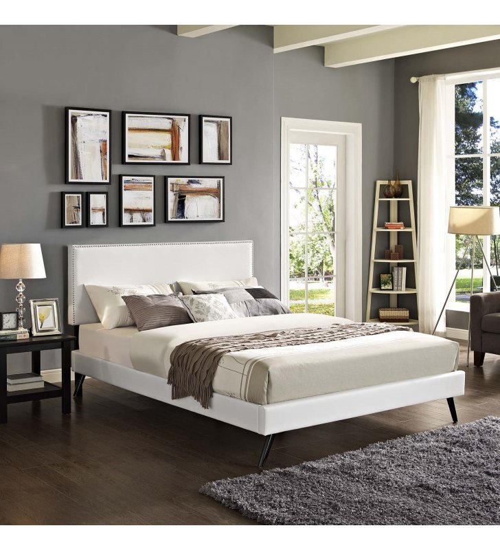Macie Queen Vinyl Platform Bed with Round Splayed Legs in White - Lexmod