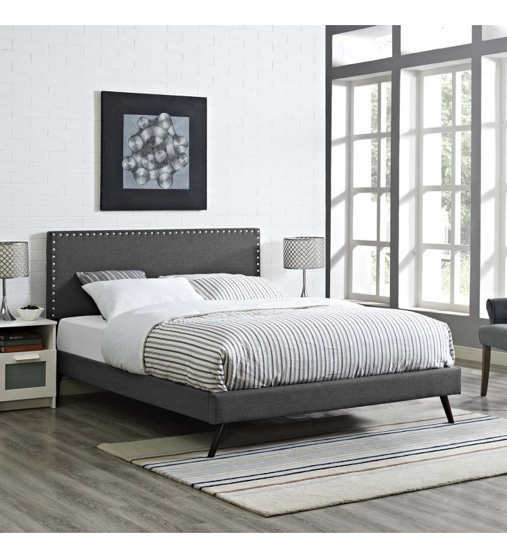 Macie King Fabric Platform Bed with Round Splayed Legs in Gray - Lexmod
