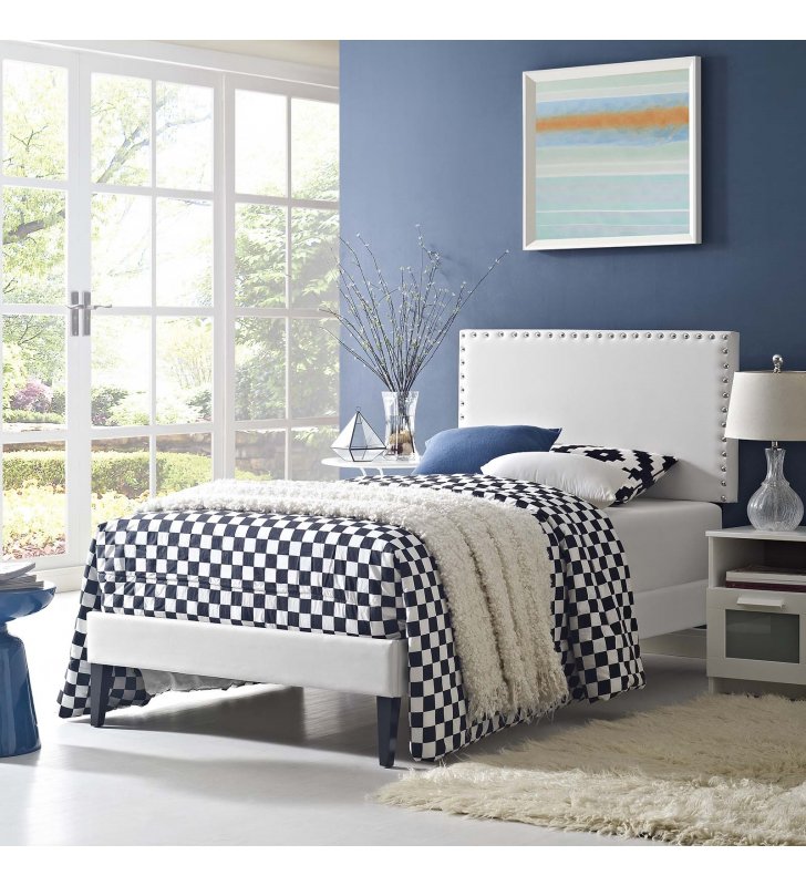 Macie Twin Vinyl Platform Bed with Squared Tapered Legs in White - Lexmod