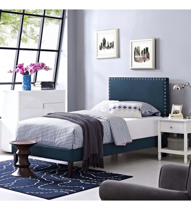 Macie Twin Fabric Platform Bed with Squared Tapered Legs in Azure - Lexmod