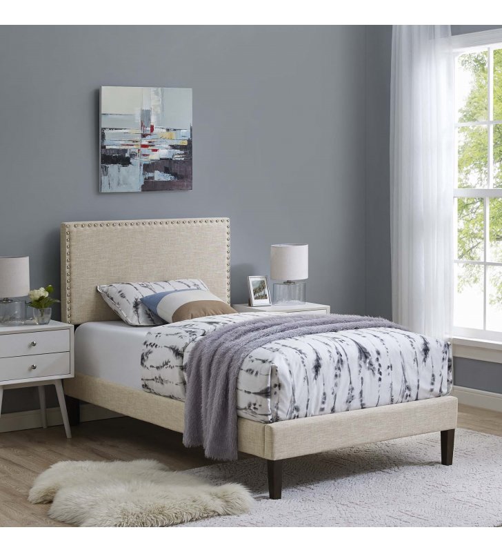 Macie Twin Fabric Platform Bed with Squared Tapered Legs in Beige - Lexmod