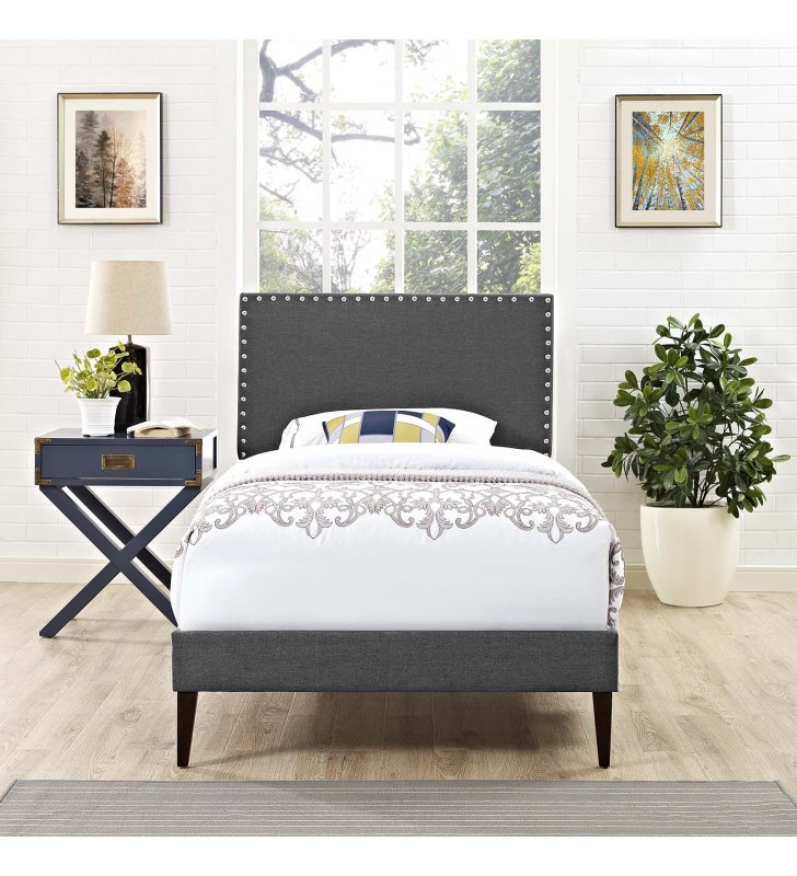 Macie Twin Fabric Platform Bed with Squared Tapered Legs in Gray - Lexmod
