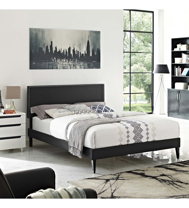 Macie Full Vinyl Platform Bed with Squared Tapered Legs in Black - Lexmod