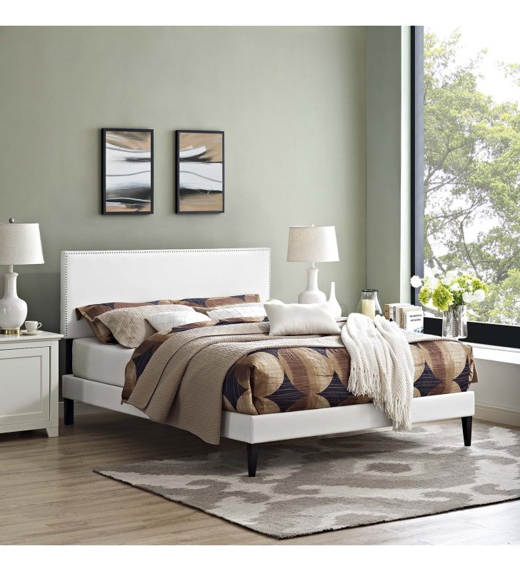 Macie Queen Vinyl Platform Bed with Squared Tapered Legs in White - Lexmod